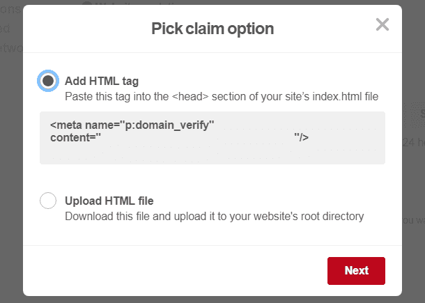 Claim options at Pinterest