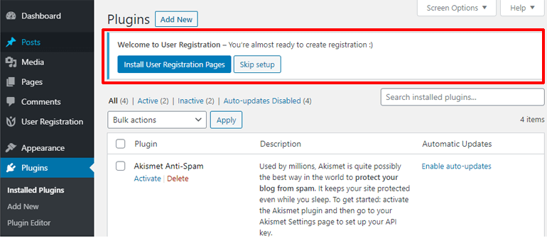 User Registration Welcome Message