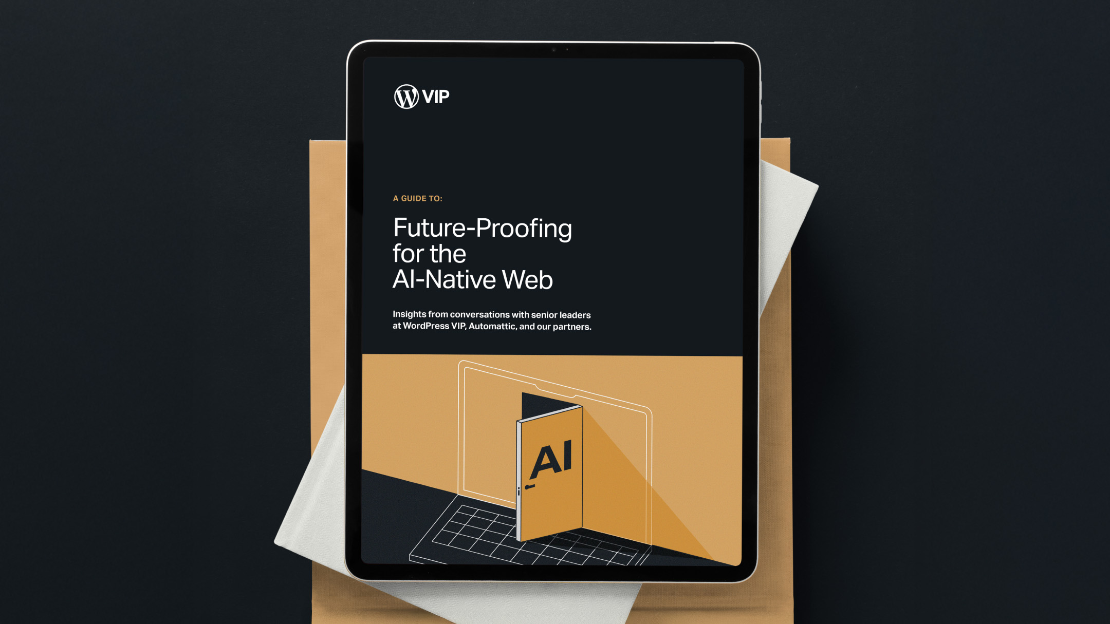 An open tablet on top of stacked books displays a digital guide titled “Future-Proofing for the AI-Native Web” by WordPress VIP. The cover features a stylized doorway labeled “AI,” symbolizing entry into the future of the web.