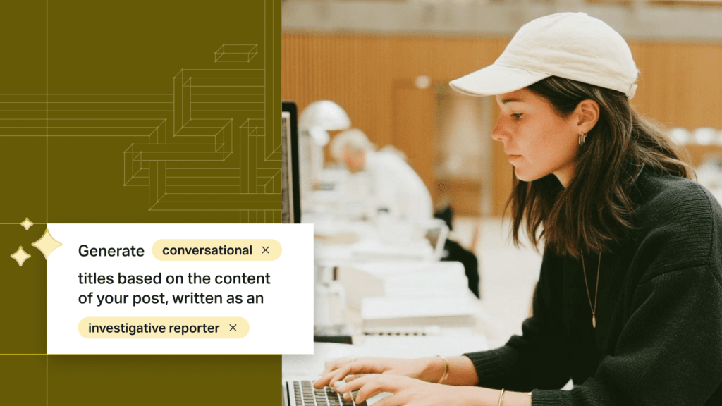 Content creator working at a computer alongside an AI writing interface showing prompts to generate conversational post titles based on article content.