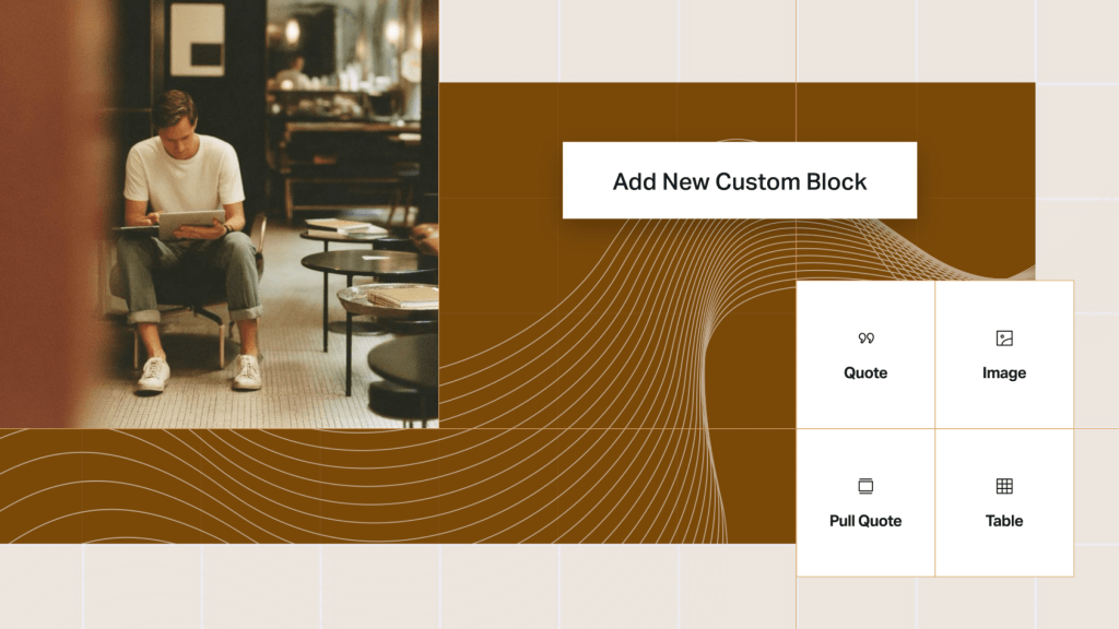 Person working on a tablet in a modern workspace alongside a WordPress block editor interface showing the “Add New Custom Block” panel and block options like Quote, Image, Table, and Pull Quote.