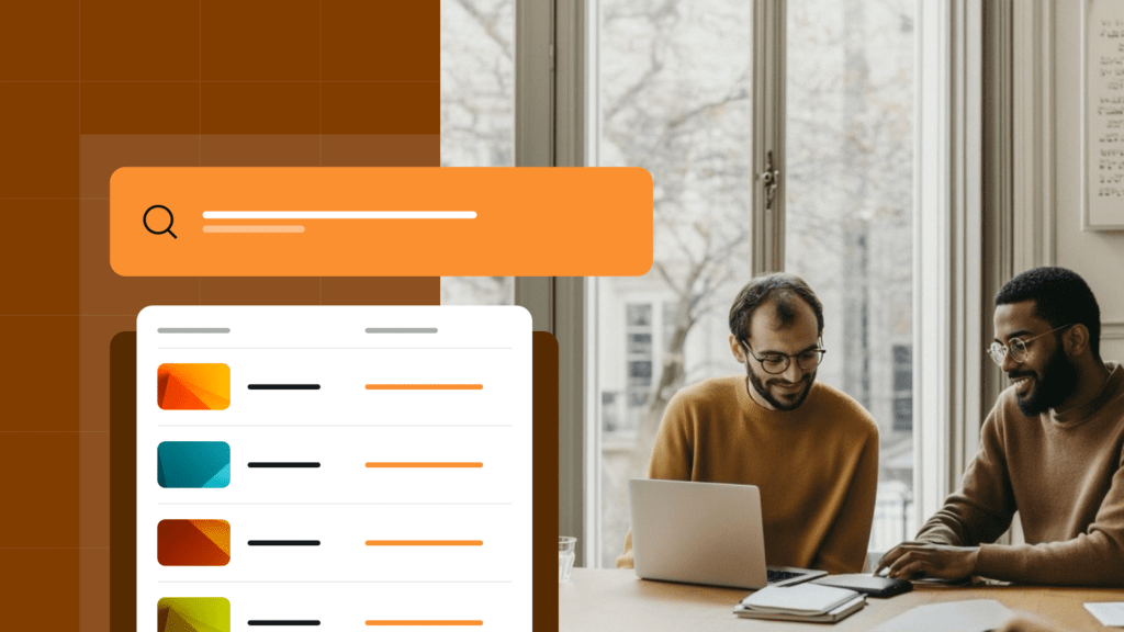 Two people collaborating at a table with a laptop, alongside a visual interface showing a search bar and a list of content cards representing decoupled content delivery.