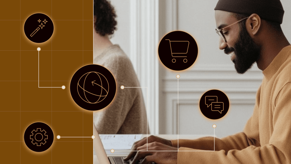 Laptop user shown alongside connected icons for plugins, integrations, ecommerce, and global distribution, illustrating the WordPress ecosystem.