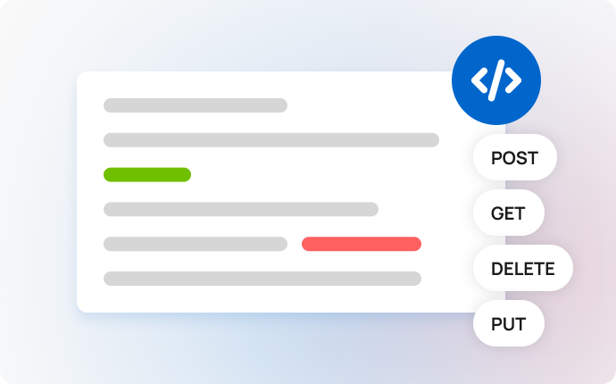 Image showing a stylized API interface illustration with colored code lines and circular buttons labeled POST, GET, DELETE, and PUT, representing WriteText.ai’s API integration for automated content creation. Image showing a stylized API interface illustration with colored code lines and circular buttons labeled POST, GET, DELETE, and PUT, representing WriteText.ai’s API integration for automated content creation.