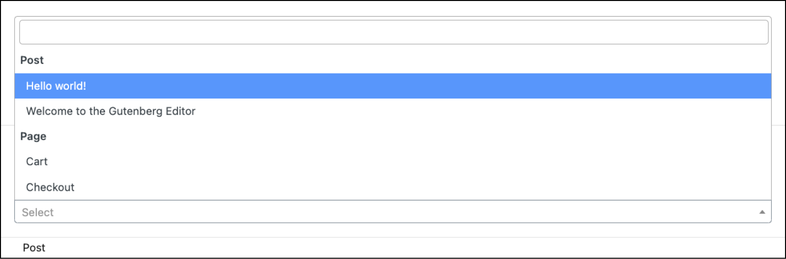 How the Post Object field might appear to content editors. A dropdown menu displays the posts and pages available.