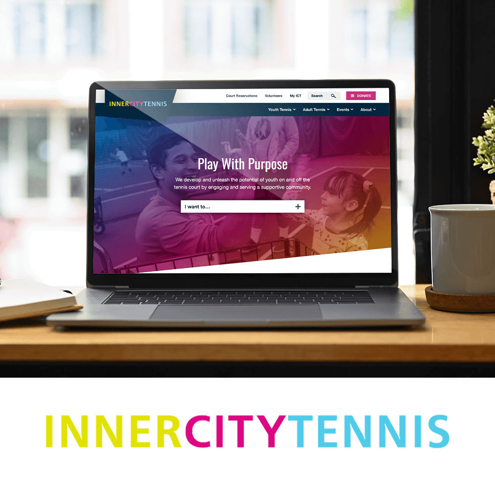 Modern InnerCity Tennis website on a laptop with a colorful homepage that says “Play With Purpose” and a dropdown menu. Logo shown below in bright yellow, magenta, and cyan.