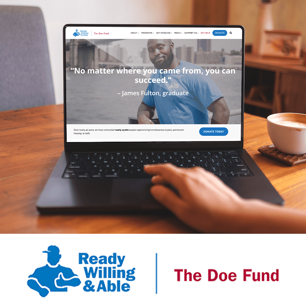 Person browsing redesigned Doe Fund website on laptop, showing graduate James Fulton with inspirational quote; Ready, Willing & Able and The Doe Fund logos displayed below.