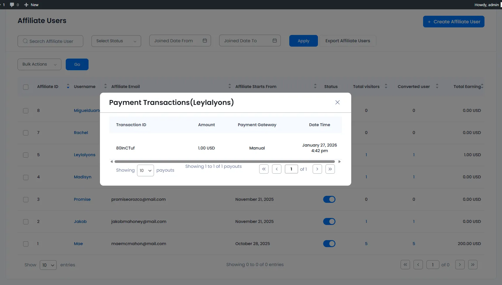 ARMember Affiliate Payment transaction