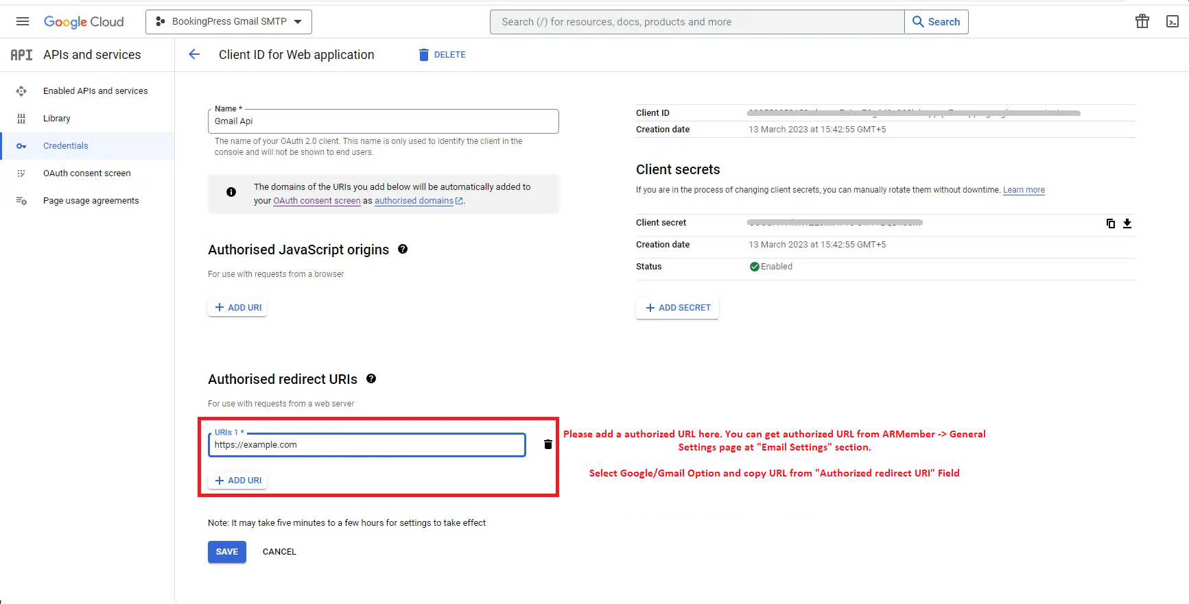 ARMember GMail Authorized Redirect URL