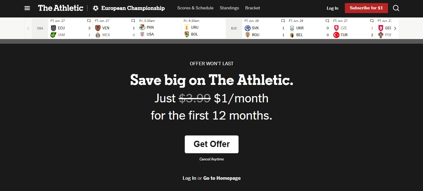 nytimes' athletic - sports news membership site example