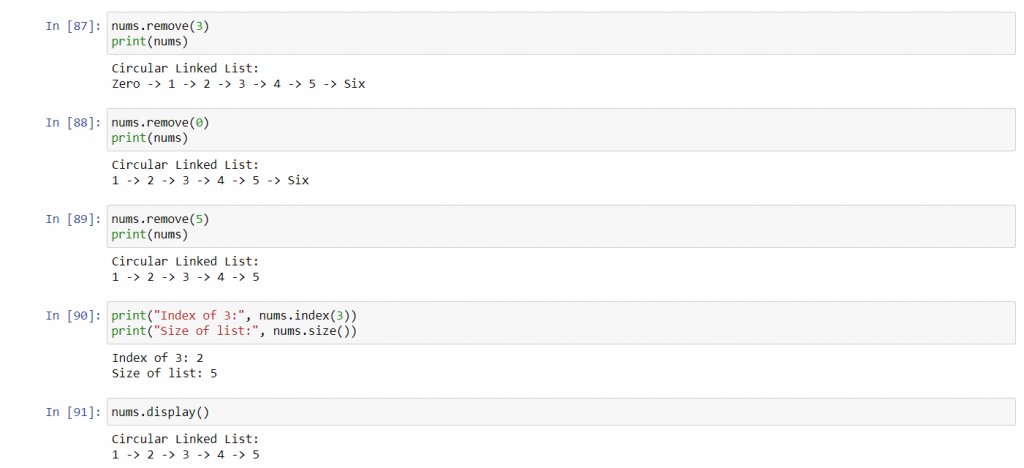 Circular Linked List Output Remove Index Size Display