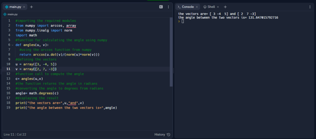 Angle Between Two Numpy Vectors