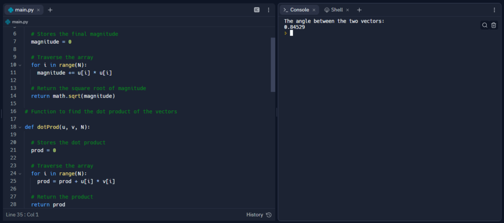 Calculate Angle Between Two Vectors Using Math