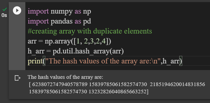Hash Values Of 1D Array With Duplicate Elements
