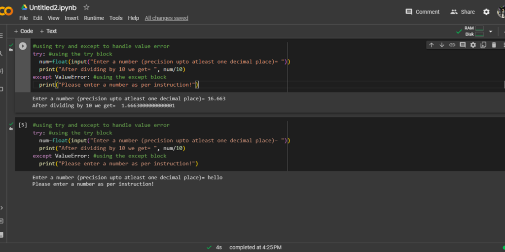 Handling Value Error Using Try And Except
