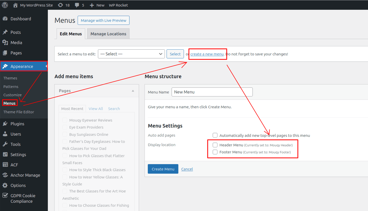 adding header and footer menu on wordpress