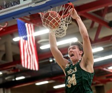 Andover vs. Bishop Feehan Bishop Feehan’s Brody Bumila dunks during the first half of a boys semifinal basketball game against Andover. (Photo By Matt Stone/Boston Herald)