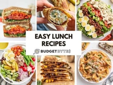 Photo collage of six easy lunch recipes with title text in the center.