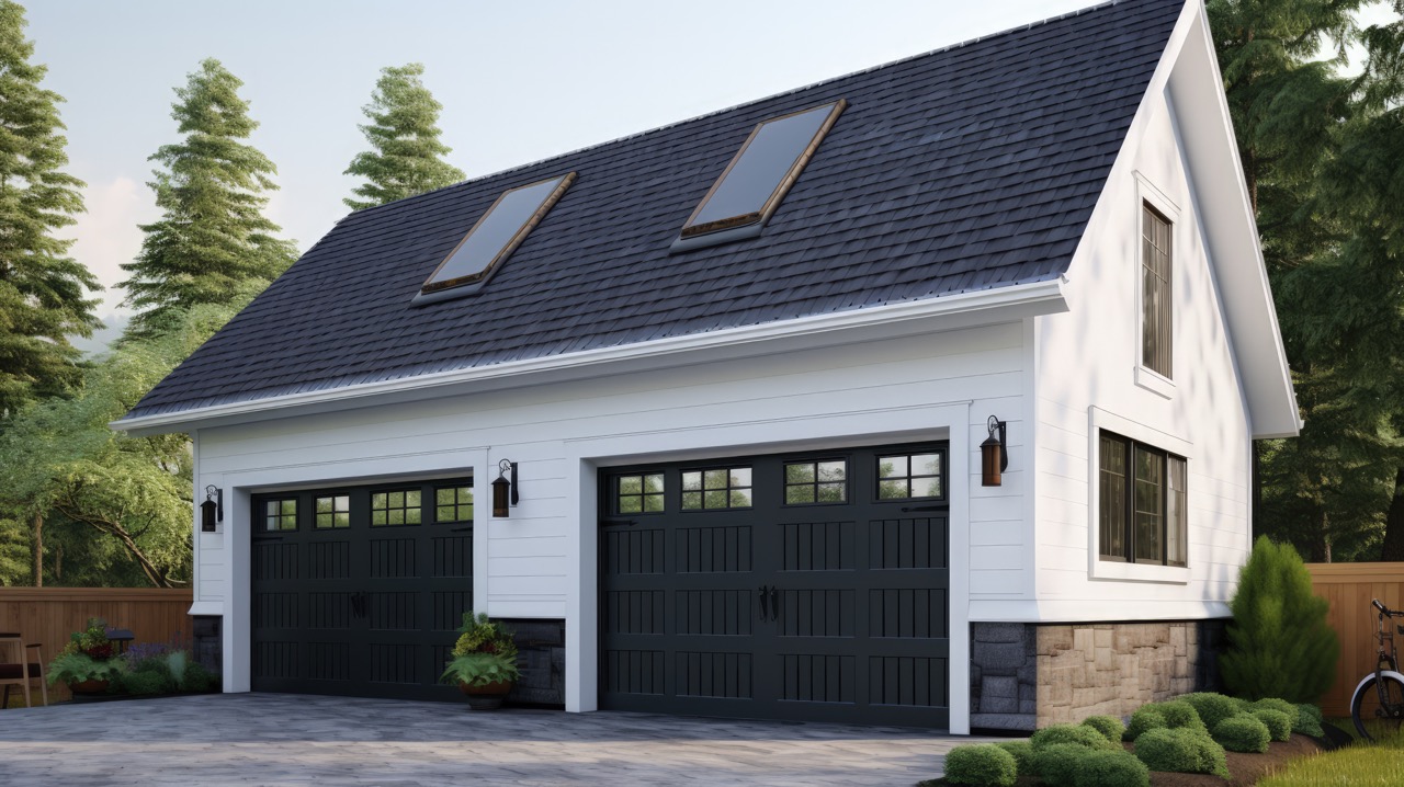 White detached garage with a steep gable roof, dark shingle roofing, two black carriage-style garage doors, and skylights, featuring a loft space above and landscaped surroundings with trees and shrubs.