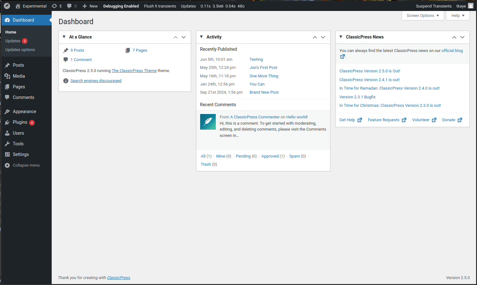 ClassicPress dashboard