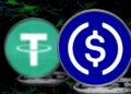 Los logos de las stablecoin USDT de Tether y USDC Coin de Circle en circulos.