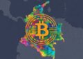 El logo de Bitcoin sobre el mapa de Colombia.