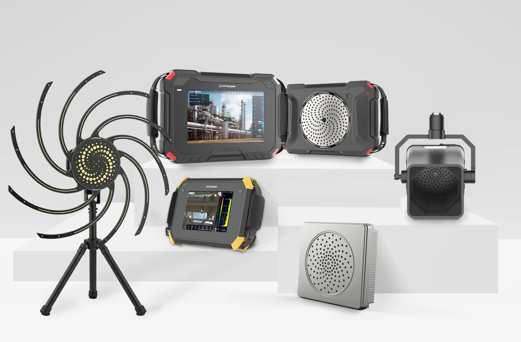 CRYSOUND acoustic imaging devices from the handheld, fixed, UAV, and SonoCam Pi series on display.