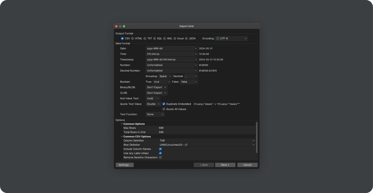 Export sql query results.