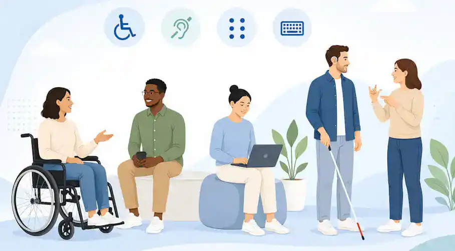 Illustration of a diverse group of people, including individuals using a wheelchair, a white cane, and sign language, interacting in an inclusive setting with accessibility symbols displayed above them.