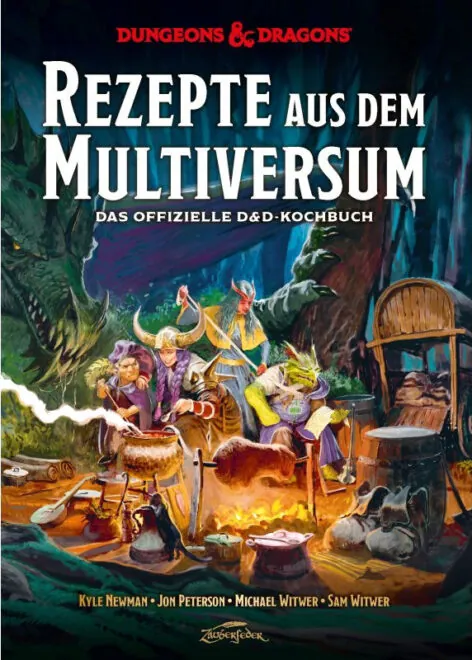 Das Titelbild zeigt eine Abenteurergruppe kochend am Lagerfeuer. Ein grüner Drache nähert sich