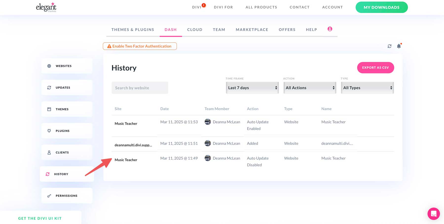 Divi Dash history tab