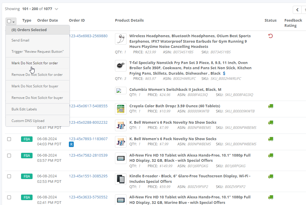 FeedbackWhiz Order Manager with listings and Do Not Solicit options shown