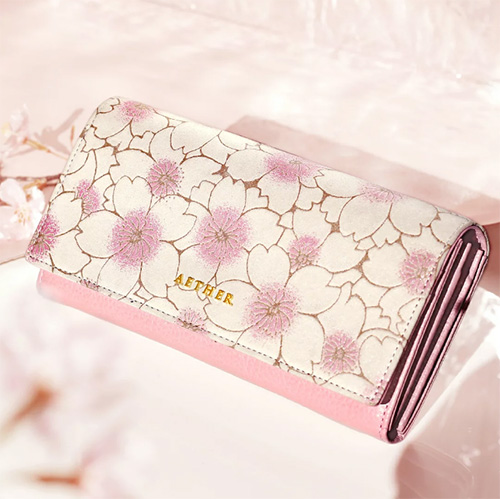 エーテル(AETHER)のレディース財布 ヌバックレザー・二つ折りかぶせ長財布「サクラ・ジャルダン」