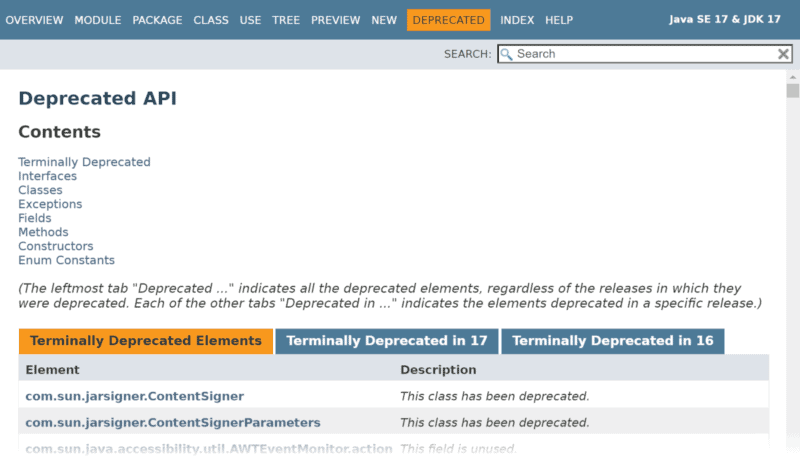 Java 17's "DEPRECATED" page