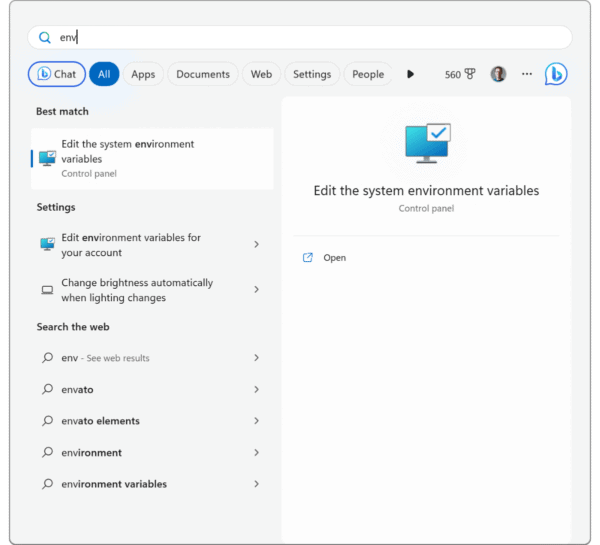 Opening Windows environment variables