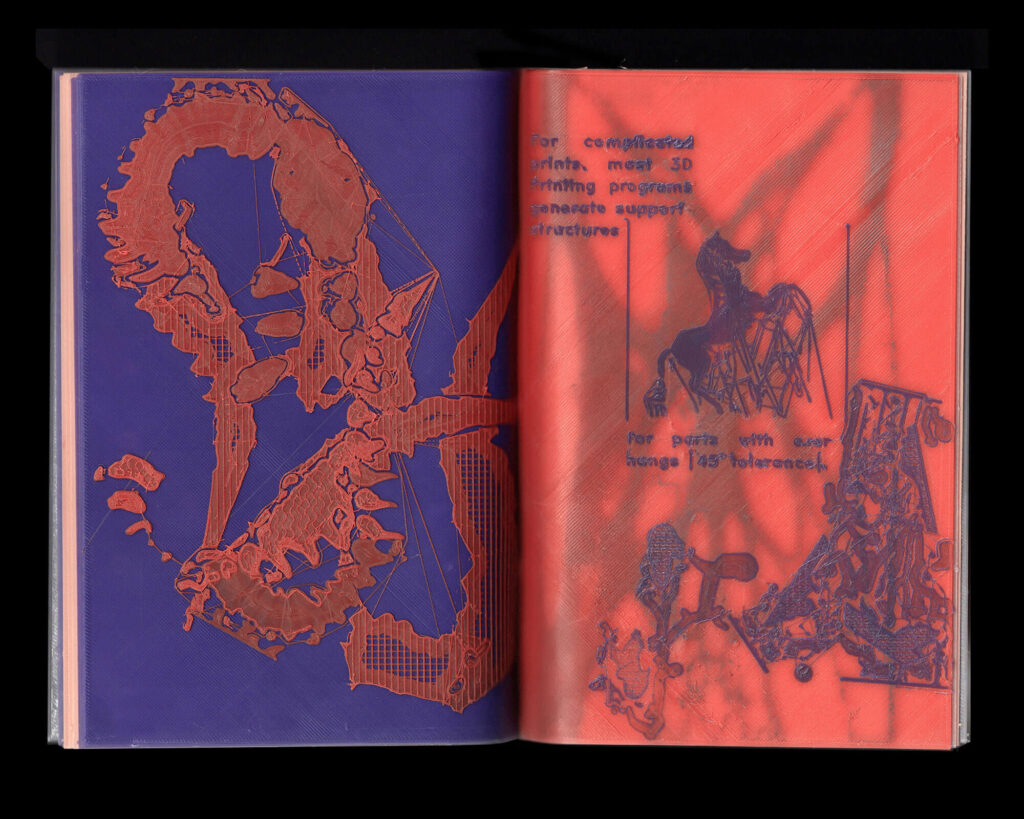 An open 3D printed book displays abstract, illustrative graphics in red and purple tones. The left page features a large, intricate, organic shape, while the right showcases angular designs and faint text about 3D printing.