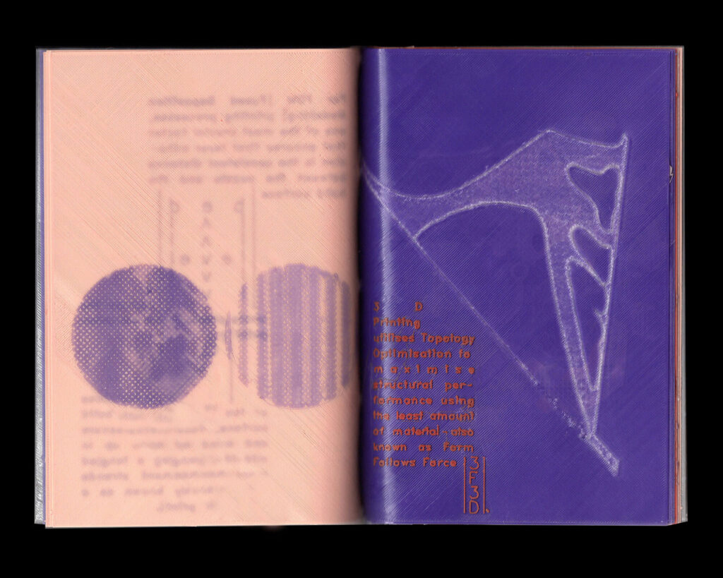 An open 3D printed book displays a left page with abstract purple geometric shapes and faded text, and a right page with a white, organic branching structure on a purple background, featuring gold and orange text alongside small symbols.