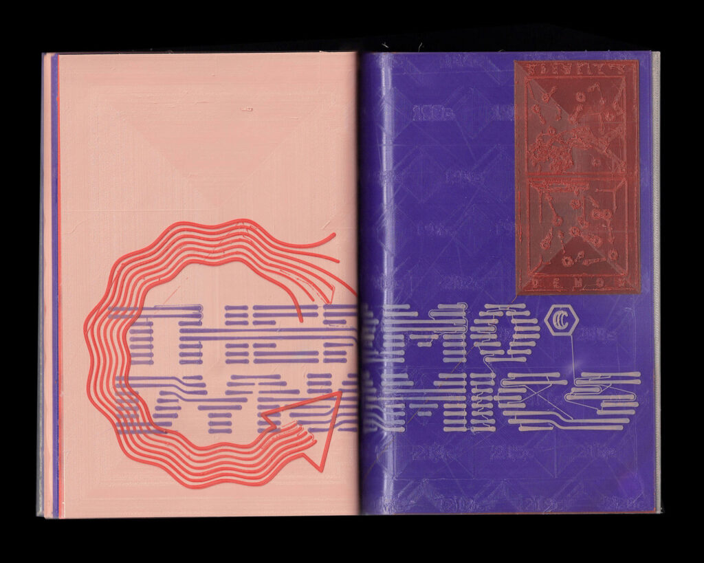 An open 3D printed book shows abstract graphic design: the left page has wavy red lines and bold text reading THERMODYNAMICS, while the right page is purple with faint geometric patterns and a copper-toned rectangle at the top.