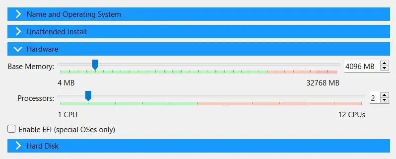 Oracle VirtualBox Manager: Hardware allocation Image: Oracle VirtualBox Manager: Hardware allocation