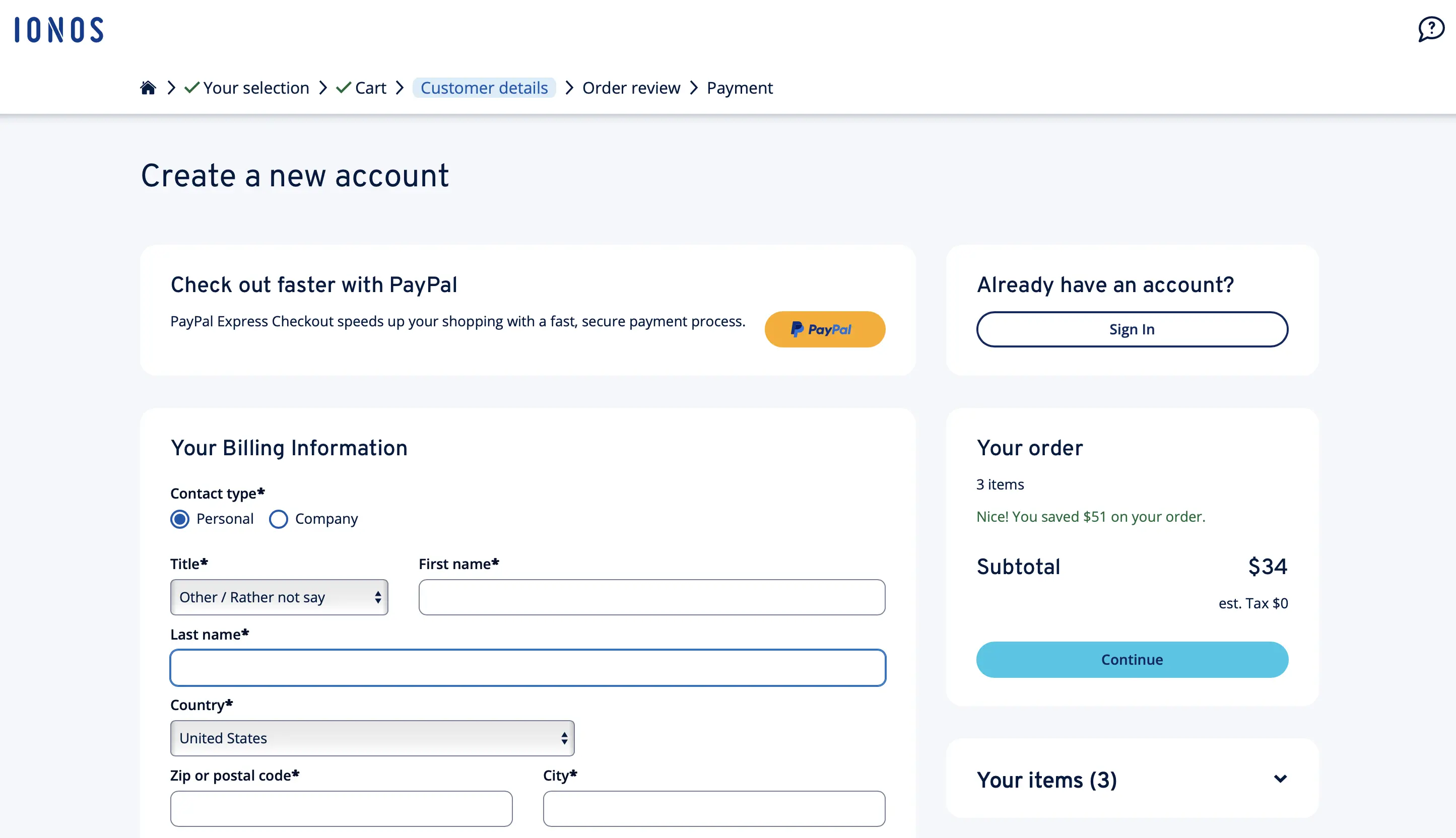 Screenshot of IONOS registration Image: Screenshot of IONOS registration