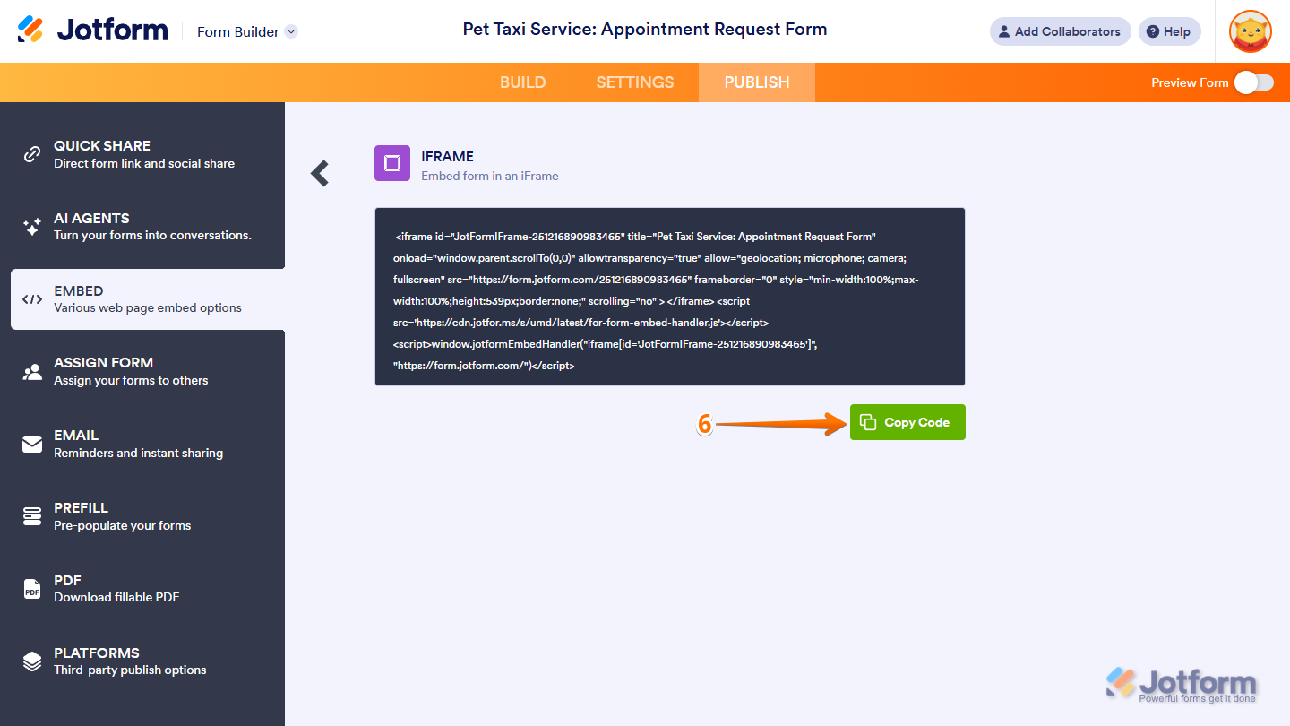 Copy Code button in the iFrame section of the Publish tab in Jotform Form Builder