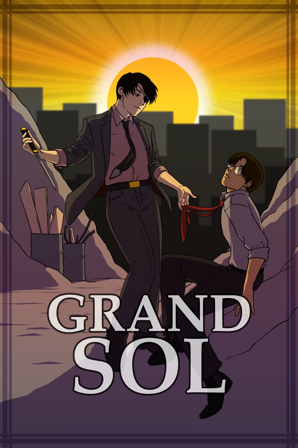 Cover to Grand Sol. Sunwoo, a young man with an eyepatch covering his left eye lightly holds a knife in his right hand while his left hand gently lifts the necktie of Hajun, the man sitting in front of him. Behind them, the sun is setting over a city, its light forming a halo of sorts around Sunwoo's head.
Poses are a reference to the Bernini sculpture "The Ecstasy of Saint Theresa"