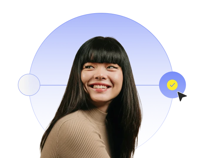 A woman with long dark hair and bangs smiles while looking to the side, in front of a blue gradient circle with graphical elements, including a yellow check mark and a cursor.