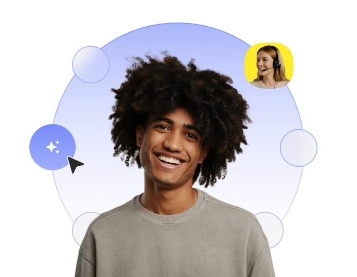 A young man with curly hair smiles in front of a blue circular graphic. A small image of a woman wearing a headset appears in the top right corner, suggesting virtual communication or customer support.