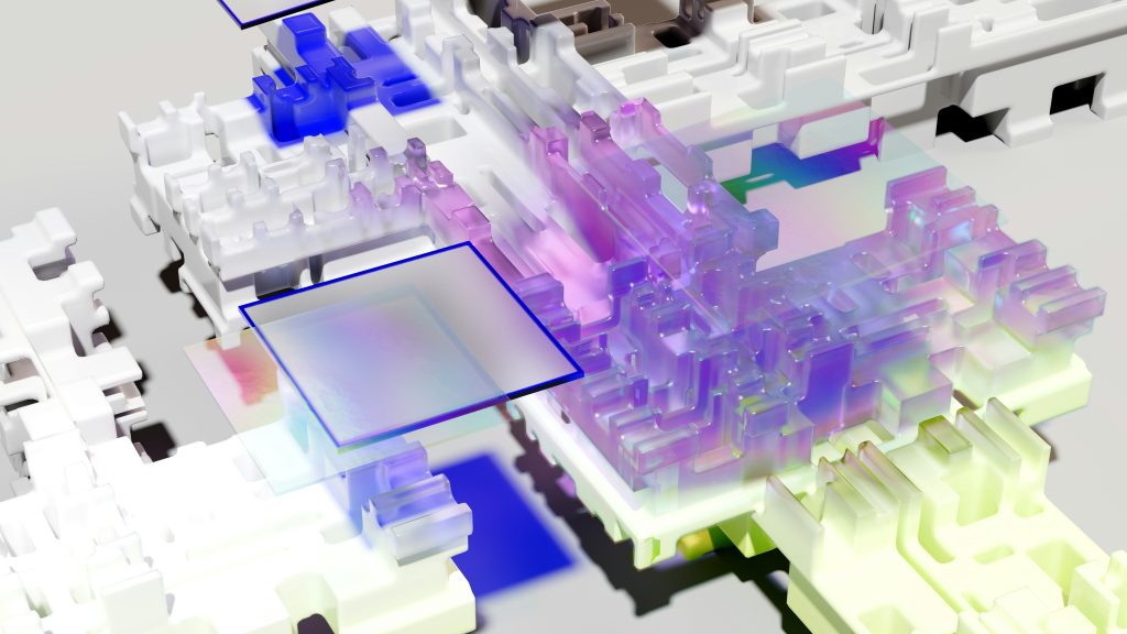 Abstraktes digitales 3D-Kunstwerk mit geschichteten, blockartigen Strukturen in Weiß und durchscheinenden Blöcken in Lila-, Blau-, Rosa- und Gelbtönen, die die Konzepte von Open-Source-KI und Datensouveränität widerspiegeln, um ein hervorgehobenes transparentes Quadrat herum.