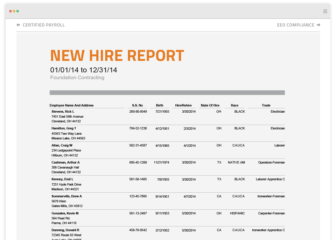 Construction New Hire Report