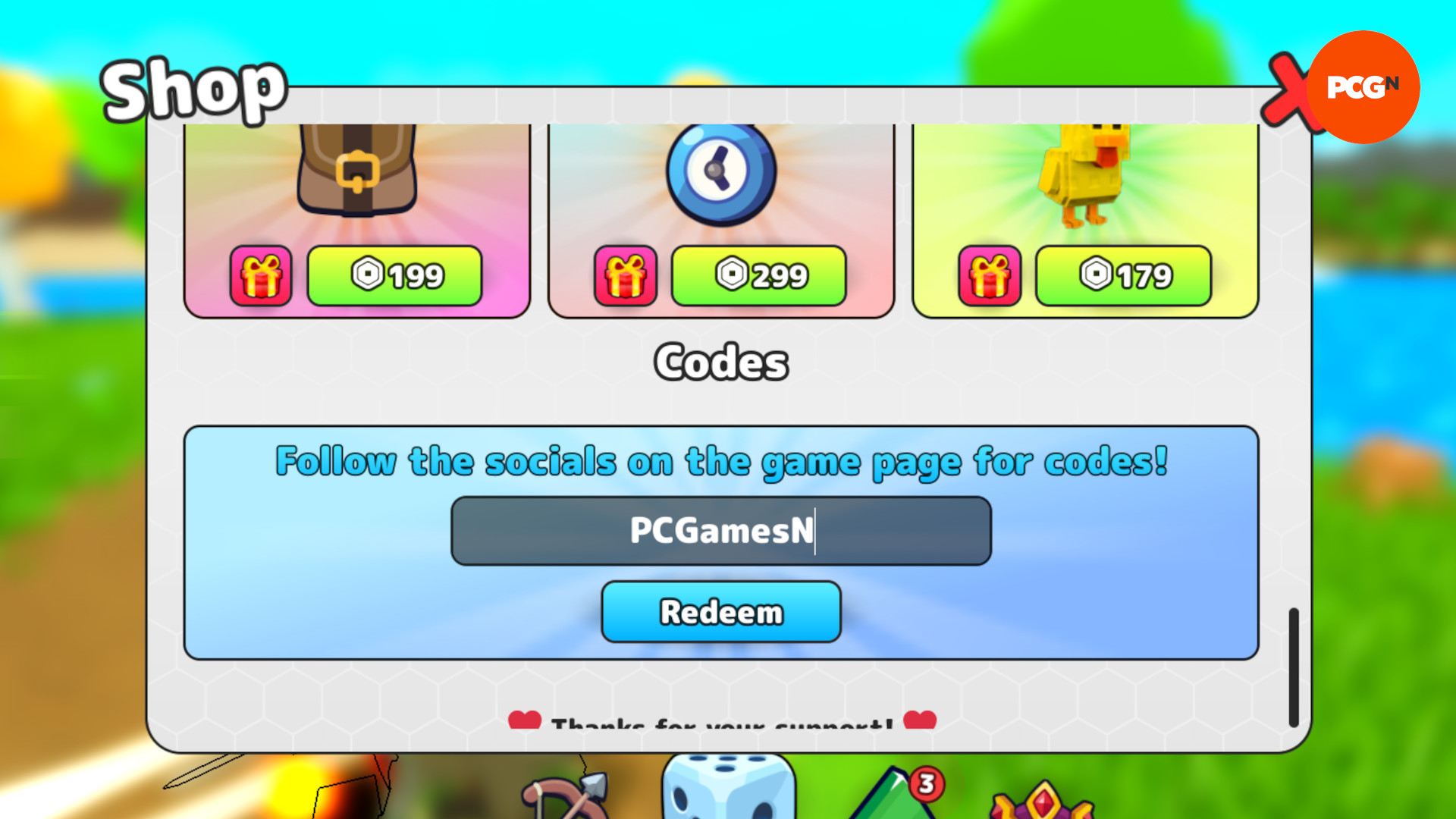 RNG Heroes codes: A screenshot of the codes box with PCGamesN in the slot and a PCGN logo in the top right corner