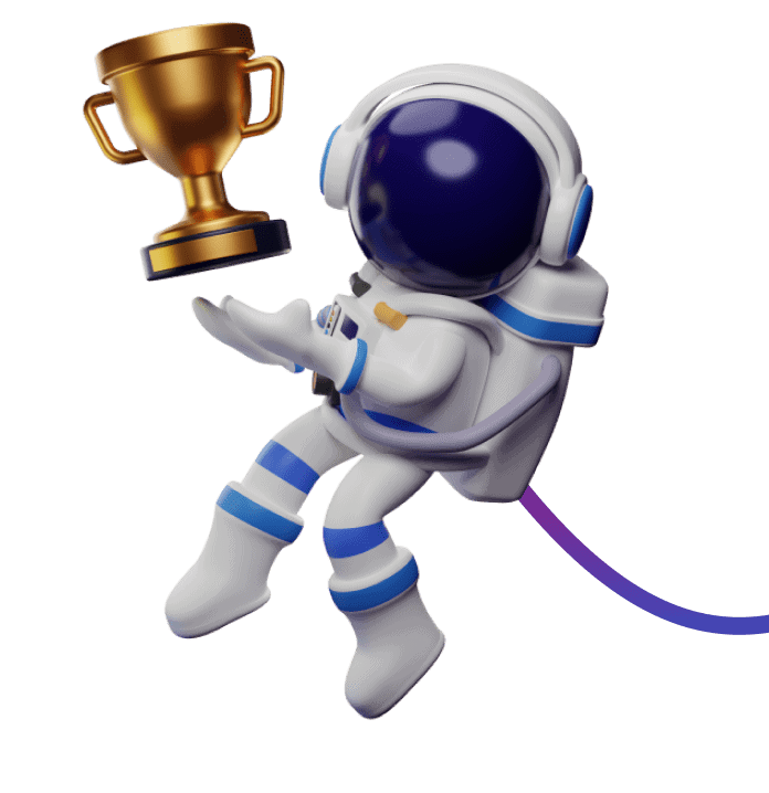 A floating astronaut with a golden trophy