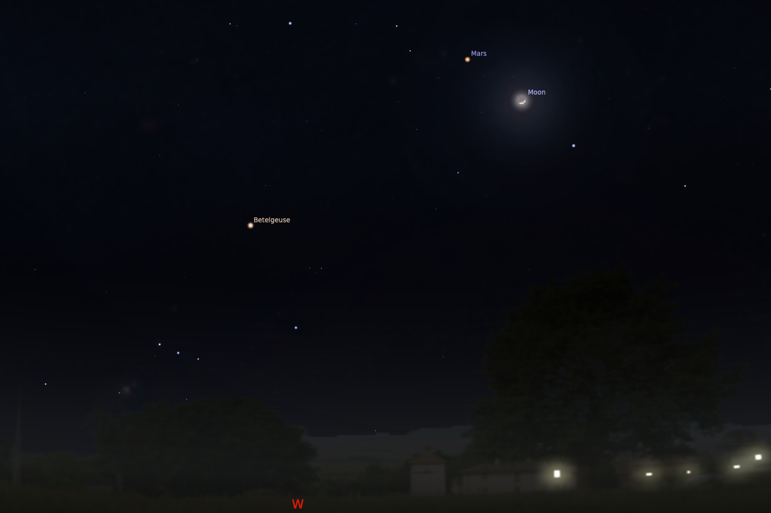 A horizon at night, with Mars and the moon high up in the sky, and the star Betelgeuse off to the left, as they'll appear in the Tuesday, March 28, 2023 planetary alignment.