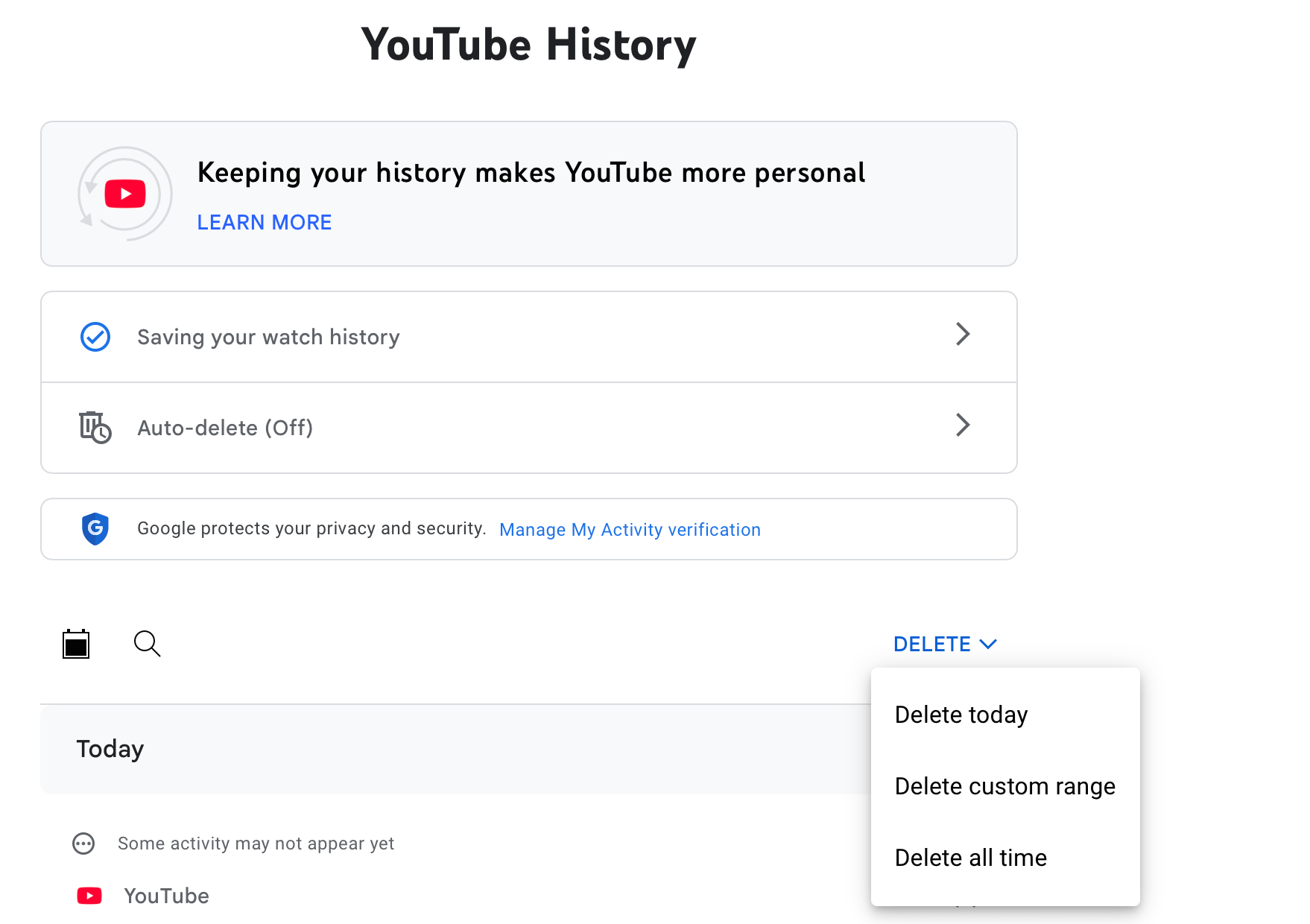 screenshot of youtube history